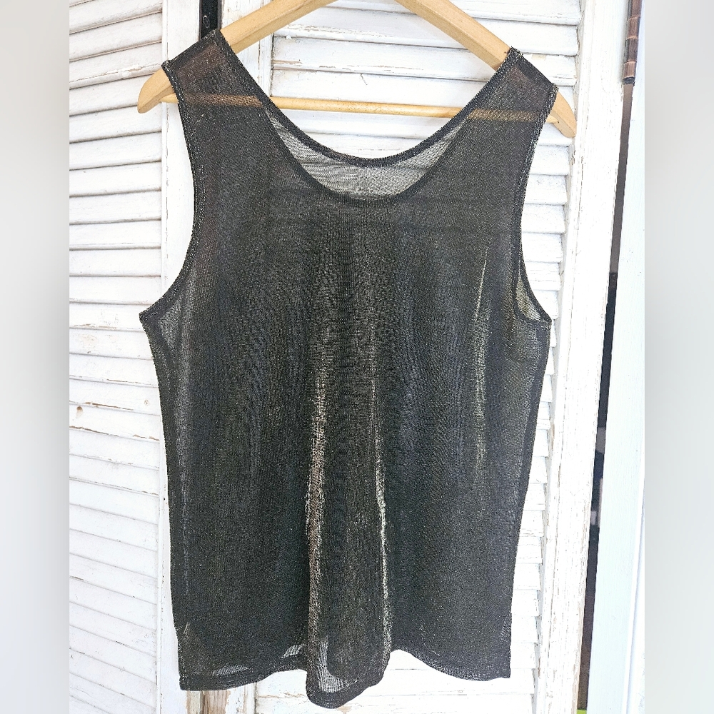 Vintage 90s Sheer Black Tank Top With Gold Sparkle Medium - Picture 6 of 9